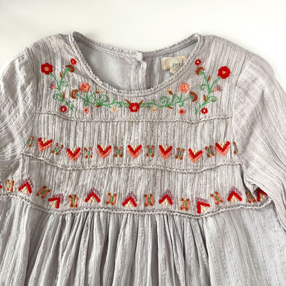 Peek Girls Light Gray Dress with Red & Green Embroidery
